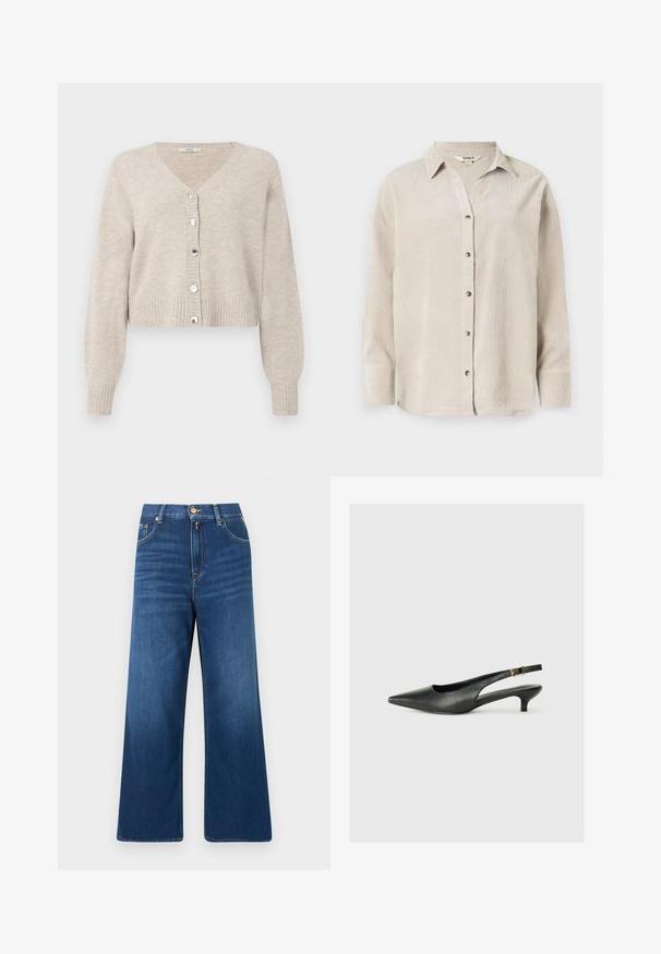 Cardigan cropped beige avec col en V, manches longues, poignets côtelés, et cinq boutons brillants sur le devant. Texture douce avec un design minimal.; Chemise à manches longues beige clair avec un devant boutonné, coupe décontractée et tissu texturé. Dispose d'un col classique et de boutons visibles.; Jean en denim bleu à jambes larges avec taille haute, fermeture avant par bouton et zip, et poches avant et arrière.; Chaussure slingback noire à bout pointu en cuir lisse. Présente un talon fin et un détail de boucle sur la sangle réglable.