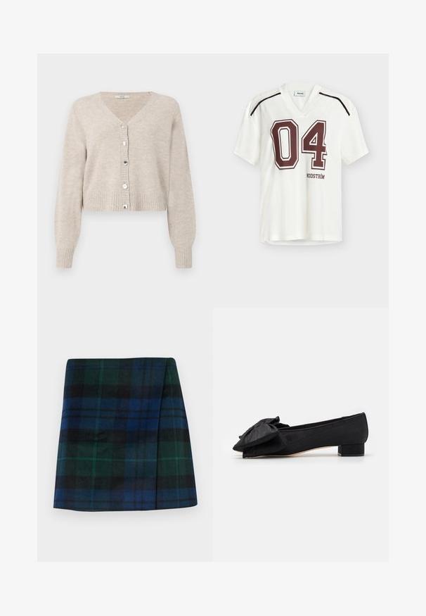 Cardigan cropped beige avec col en V, manches longues, poignets côtelés, et cinq boutons brillants sur le devant. Texture douce avec un design minimal.; T-shirt blanc à manches courtes avec col en V, arborant un imprimé "04" rouge foncé et le texte "MODSTRÖM". Confectionné en tissu texturé avec des rayures contrastées.; Jupe à carreaux aux couleurs vert foncé, bleu et noir, avec une coupe droite et une texture douce, accompagnée d'une forme structurée.; Loeffler Randall NOA - Chaussons - black