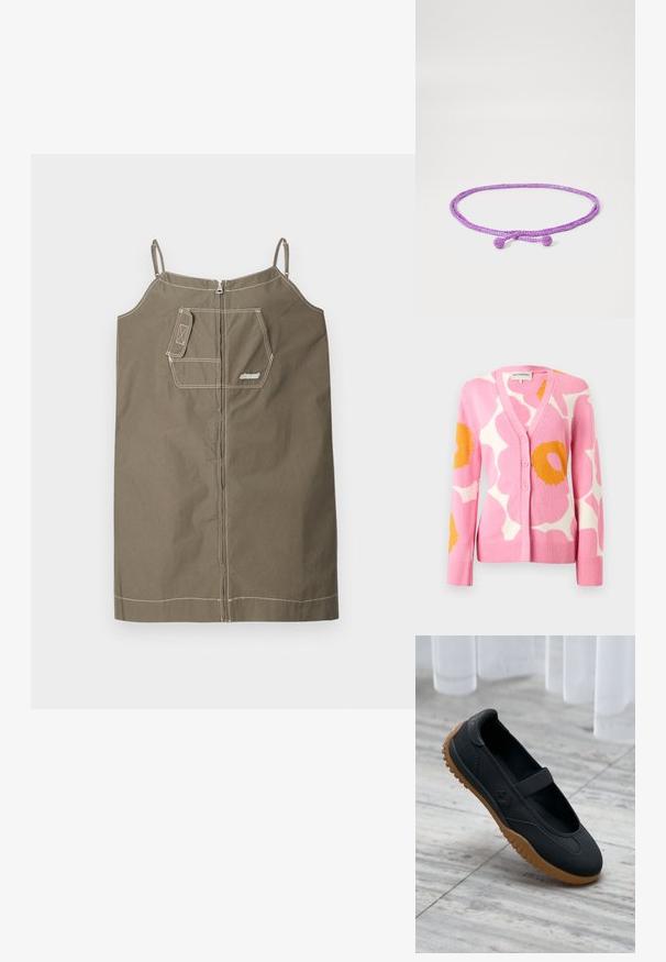 Cardigan rose avec de grands motifs floraux orange et blancs, col en V et trois boutons sur le devant.; Robe sans manches vert olive en coton avec fermeture éclair. Dispose d'une poche poitrine unique, de coutures contrastantes et de bretelles ajustables.; Chaussure noire style Mary Jane avec bride élastique et semelle texturée marron, posée sur un sol en marbre avec un fond de rideau blanc.; Corde tissée violette avec deux extrémités sphériques, présentant une surface texturée. Le design est simple et de forme circulaire.