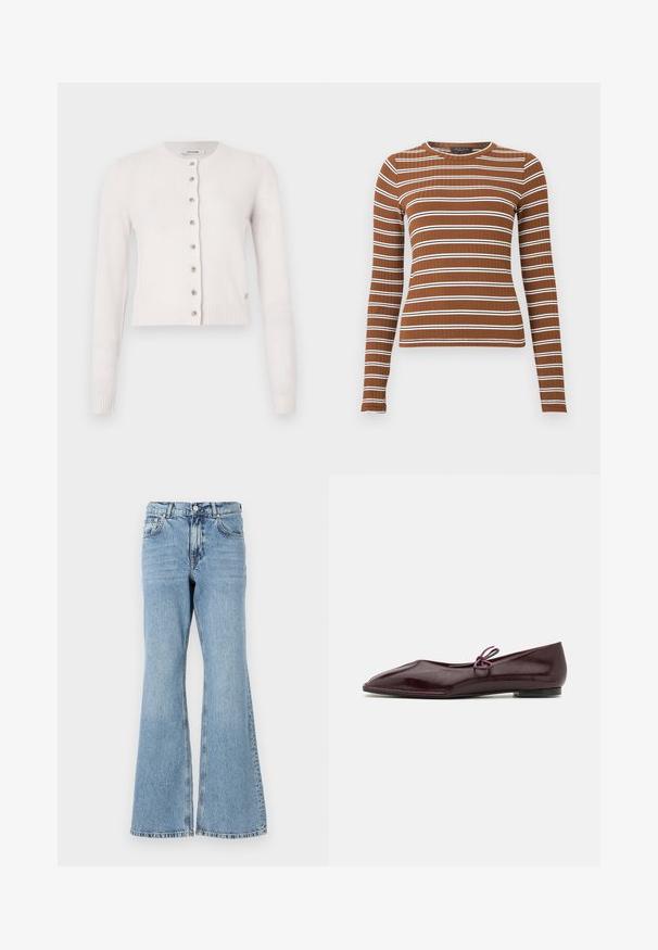 Hvid strikket cardigan med lange ærmer, rund halsudskæring og fem knapper foran. Ribstrikkede manchetter og kant giver tekstur. Blødt, letvægtsstof.; Langærmet ribstrikket top i brun med vandrette hvide striber. Har rund halsudskæring og tætsiddende silhuet. Glat tekstur overalt.; Lys blå denim flared jeans med høj talje, featuring knaplukning, fem lommer og en falmet vask med subtile whiskers.; Ballethæle i bordeaux laklæder med spids tå og en dekorativ lilla sløjfe på forfoden; flad såldesign.