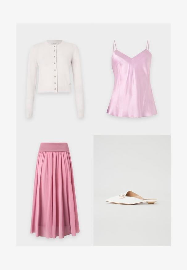 Cardigan blanc en maille avec manches longues, encolure ronde et cinq boutons sur le devant. Poignets et ourlet côtelés ajoutant de la texture. Tissu doux et léger.; Camisole en satin rose clair avec fines bretelles spaghetti réglables et un léger décolleté en V, présenté sur un fond blanc uni.; Longue jupe rose en tissu doux avec une large ceinture élastique et un design plissé, caractérisée par une texture fluide et légère.; Mules blancs plats avec un bout pointu, ornés d'un détail circulaire en perles avec des éléments en or. Matériau lisse au design minimaliste.