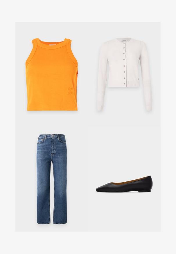Weißer gestrickter Cardigan mit langen Ärmeln, rundem Ausschnitt und fünf Knöpfen vorne. Gerippte Bündchen und Saum verleihen Struktur. Weicher, leichter Stoff.; Rippenförmiges orangefarbenes Tank-Top mit hohem Hals und ärmellosem Design. Mit dezentem Logo-Detail am Saum. Aus weichem, elastischem Material.; Hochgeschnittene blaue Jeans aus Denim mit geradem Bein, fünf Taschen und Hardware in Kupferfarbe. Glatte Textur und klassisches Design.; Schwarzer flacher Schuh aus Leder mit spitz zulaufender Vorderkappe, niedrigem Absatz und glatter Oberfläche, von der Seite vor einem hellgrauen Hintergrund dargestellt.