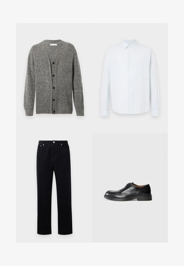 Cardigan gris en maille avec une finition texturée, présentant un col en V, des manches longues et six boutons noirs sur le devant.; Chemise à manches longues avec boutons, rayures verticales bleu clair et beige, une poche poitrine et un col classique.; Pantalons en velours côtelé noir avec une coupe droite, dotés d'une fermeture à bouton et fermeture éclair, de cinq poches et d'un tissu doux et texturé.; Chaussure de ville en cuir noir avec un bout arrondi, surface lisse, détails en dentelle et une semelle en caoutchouc texturée basse. Lignes épurées et design minimal.