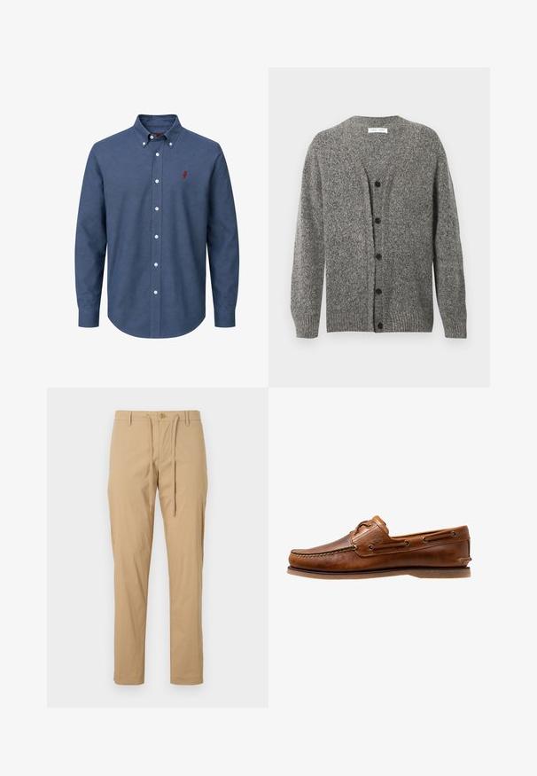 Grå strikket cardigan med en struktureret finish, med V-hals, lange ærmer og seks sorte knapper foran.; Blå skjorte med lange ærmer, hvide knapper og en lille rød broderet logo på venstre bryst.; Lyse beige bomuldsbukser med snøre i taljen, tætsiddende pasform, standardlommer og knaplukning foran. Glat tekstur.; Brune læder bådsko med syede detaljer, der har metaløjer, en forhøjet søm på tåen og en flad gummisål.