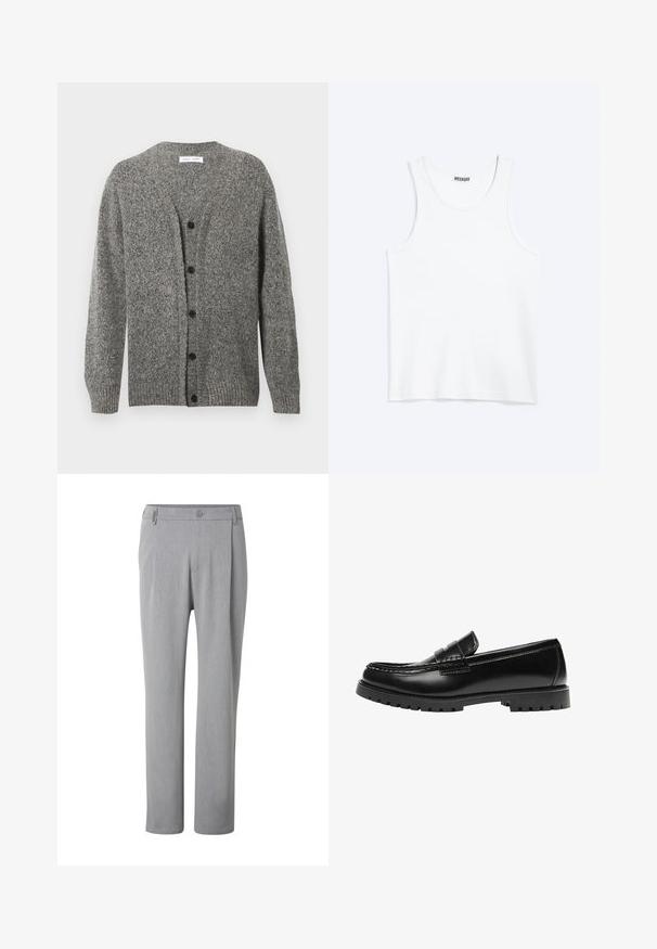 Cardigan gris en maille avec une finition texturée, présentant un col en V, des manches longues et six boutons noirs sur le devant.; Débardeur blanc sans manches avec col rond et étiquette de la marque Weekday à l'intérieur du col arrière, présenté à plat sur un fond clair.; Pantalon gris clair à jambes droites avec un bouton et des passants de ceinture, présenté de face sur fond blanc.; Mocassin en cuir noir avec une semelle en caoutchouc épaisse et un détail classique de bride à monnaie, vu de côté extérieur.