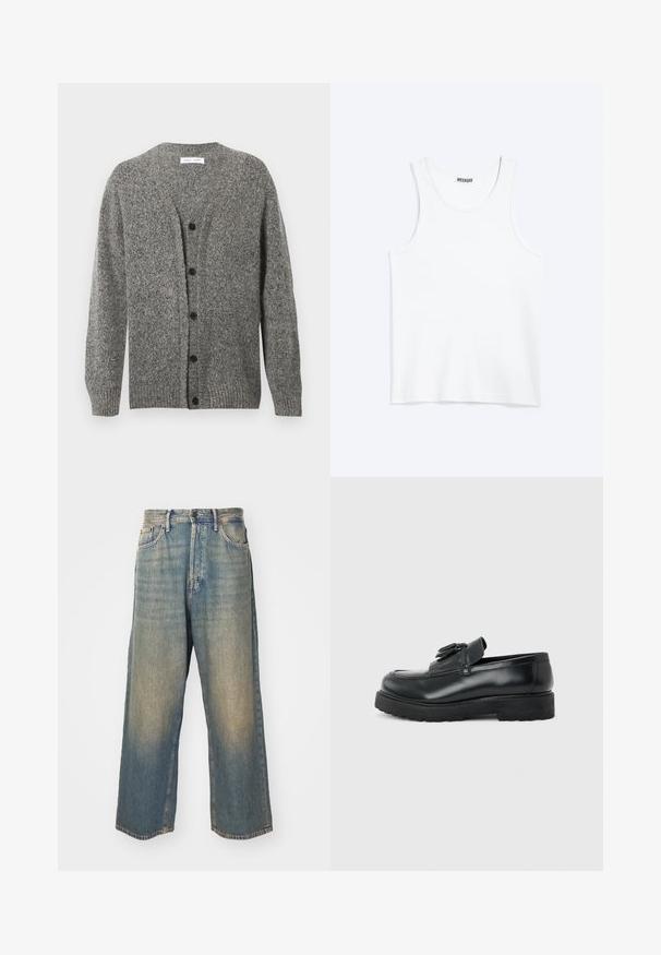 Grijze gebreide cardigan met een gestructureerde afwerking, voorzien van een V-hals, lange mouwen en zes zwarte knopen aan de voorkant.; Wit mouwloos hemdje met ronde hals en Weekday-merklabel aan de binnenkant van de achterkraag, plat weergegeven op een lichte achtergrond.; High-rise, rechte, vervaagde blauwe spijkerbroek met zakken aan de voorkant en een knoopsluiting op een lichte achtergrond.; Zwarte leren loafer met kwastjes, dikke rubberen zool en lage hak, zijaanzicht op een effen achtergrond.