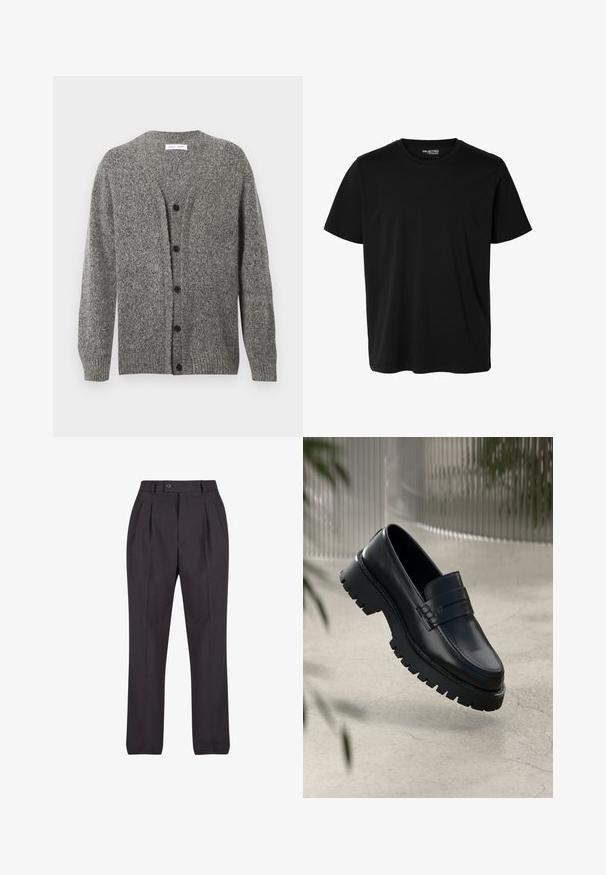 Cardigan gris en maille avec une finition texturée, présentant un col en V, des manches longues et six boutons noirs sur le devant.; T-shirt noir uni à manches courtes et col rond pour homme, sans motifs ni logos visibles à l’avant.; Pantalons noirs ajustés en tissu lisse, dotés de plis devant, d'une fermeture à un bouton et de jambes droites sans motifs visibles.; Mocassins en cuir noir avec une semelle à crampons épaisse, dotés d'une sangle décorative et de détails de couture. Texture lisse avec une finition polie.