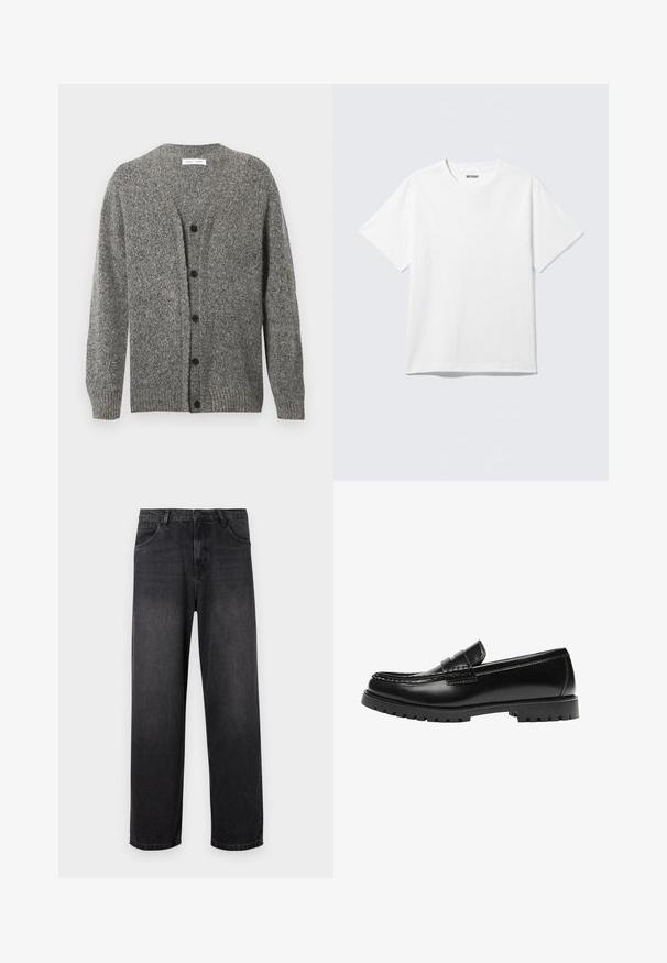 Cardigan gris en maille avec une finition texturée, présentant un col en V, des manches longues et six boutons noirs sur le devant.; T-shirt blanc à manches courtes et col rond, étalé à plat, design uni, avec l'étiquette "WEEKDAY" à l'intérieur du col sur un fond clair.; Jeans en denim gris foncé avec un design à jambe droite, dotés d'une fermeture éclair, de cinq poches et de légères décolorations sur le tissu.; Mocassin en cuir noir avec une semelle en caoutchouc épaisse et un détail classique de bride à monnaie, vu de côté extérieur.