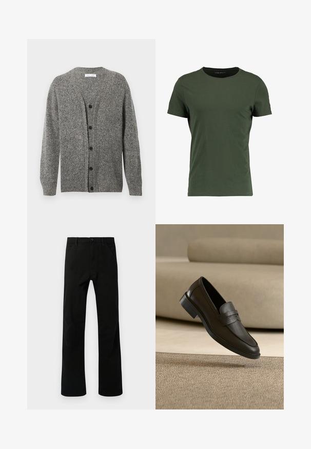 Grijze gebreide cardigan met een gestructureerde afwerking, voorzien van een V-hals, lange mouwen en zes zwarte knopen aan de voorkant.; Donkergroene katoenen T-shirt met een klassieke ronde halslijn, korte mouwen en een gladde textuur. Simpel, onversierd ontwerp.; Zwarte rechte broek met voorzakken, knoopsluiting en lussen voor een riem, weergegeven tegen een witte achtergrond.; Zwarte leren loafer die rust op een beige tapijt met een gebogen beige bank op de achtergrond.