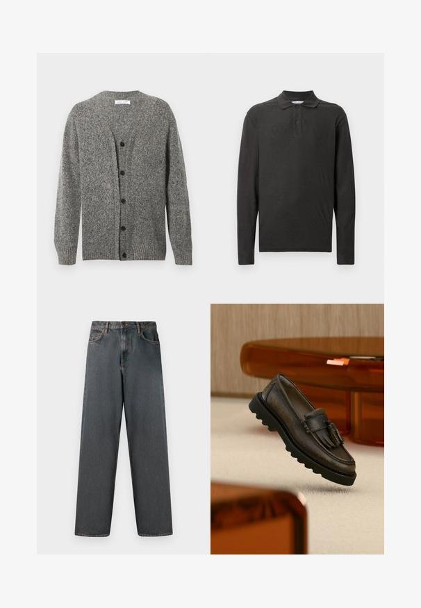 Grå strikket cardigan med en struktureret finish, med V-hals, lange ærmer og seks sorte knapper foran.; Sort langærmet polo skjorte lavet af blødt stof, med en struktureret krave og tre-knaps lukning med et tekstureret mønster.; Mørkegrå denimjeans med lige ben, fem lommer og en knap- og lynlås-lukning. Stofmet har diskret falming og syninger.; Mørkebrun læderloafer med kvaster, sort kraftig sål, vist på beige tæppe nær gennemsigtigt orange møbel.