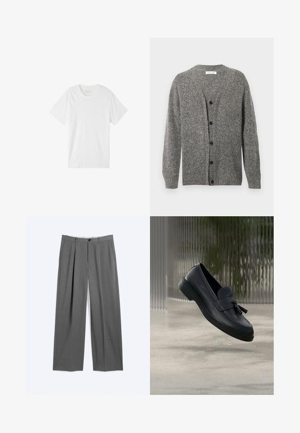 Cárdigan gris de punto con acabado texturizado, que presenta un escote en V, mangas largas y seis botones negros en la parte delantera.; Camiseta blanca de manga corta hecha de algodón suave. Presenta un cuello redondo clásico y un diseño simple y sin costuras, sin patrones ni acentos.; Pantalones formales grises con piernas rectas, pliegues delanteros, bolsillos laterales, trabillas para cinturón y cierre frontal con botón y cremallera.; Mocasines de cuero negro con textura suave, punta redondeada y borlas decorativas en el frente. Suela de goma flexible con tacón bajo.