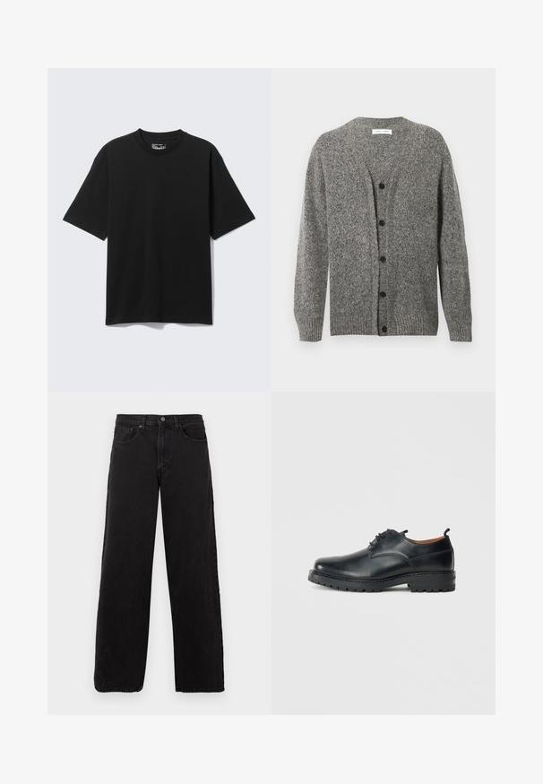 Cardigan gris en maille avec une finition texturée, présentant un col en V, des manches longues et six boutons noirs sur le devant.; T-shirt noir à manches courtes, coupe décontractée avec col rond, présenté à plat sur fond gris clair.; Jean en denim noir avec une coupe droite, un style à cinq poches et une fermeture à bouton. Tissu texturé et esthétique minimaliste.; Chaussures derby en cuir noir avec une texture lisse, bout rond, design à lacets et une semelle en caoutchouc épaisse et robuste.