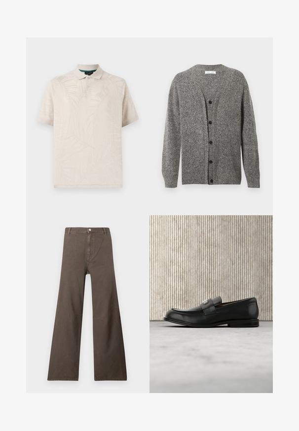 Grå strikket cardigan med en struktureret finish, med V-hals, lange ærmer og seks sorte knapper foran.; Beige polo skjorte lavet af tekstureret stof med et subtilt palmebladsmønster. Den har en klassisk krave og to knapper ved halsen.; Brune brede bukser med høj talje, knaplukning, bælteslyngninger og synlige sømdetaljer på benene.; Sort læderloafer med metalbrandskilt hvilende nær et brunt rundt bord på beige tæppe.