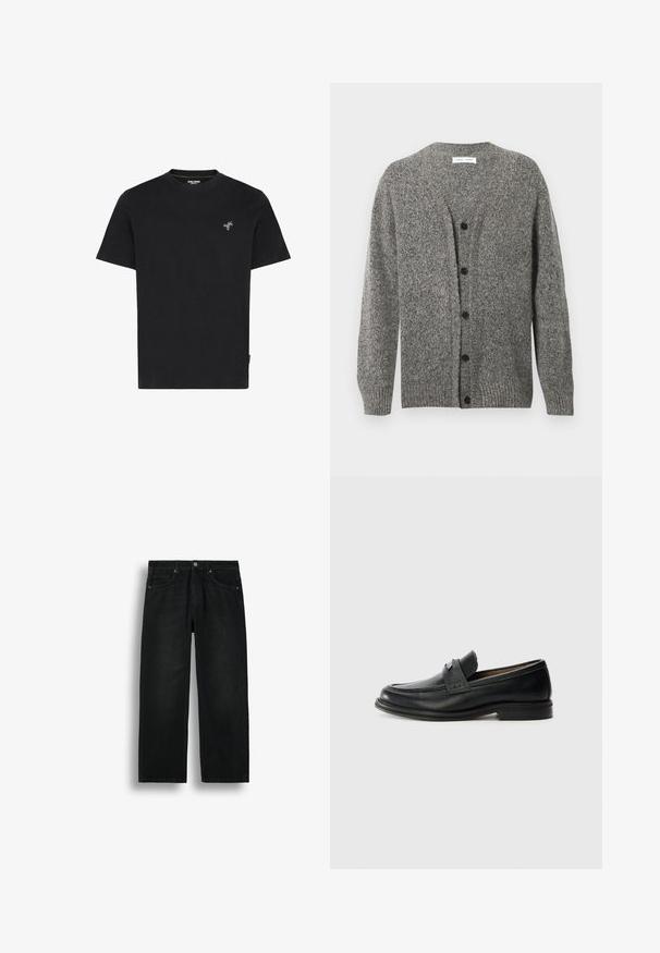 Grijze gebreide cardigan met een gestructureerde afwerking, voorzien van een V-hals, lange mouwen en zes zwarte knopen aan de voorkant.; Zwarte katoenen T-shirt met een ronde hals en korte mouwen, voorzien van een kleine groene palmboom borduurwerk op de linkerborst.; Zwarte rechte denim jeans met vijf zakken, knoopsluiting en riemlussen, getoond tegen een effen witte achtergrond.; Zwarte lederen instappers met een gladde afwerking, voorzien van een gestructureerde bovenband, lage hak en minimale stiksel-details.