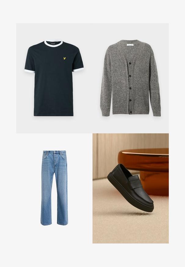 Cardigan gris en maille avec une finition texturée, présentant un col en V, des manches longues et six boutons noirs sur le devant.; T-shirt en coton bleu marine avec col et bords de manches en rigide blanc. Présente un petit logo brodé jaune sur la poitrine gauche.; Jeans en denim bleu clair avec une coupe droite, cinq poches, fermeture à bouton, peu d'usure et des détails de couture contrastés.; Mocassin en cuir noir à enfiler avec une bride sur le dessus, positionné sur un tapis beige et une table ronde marron.