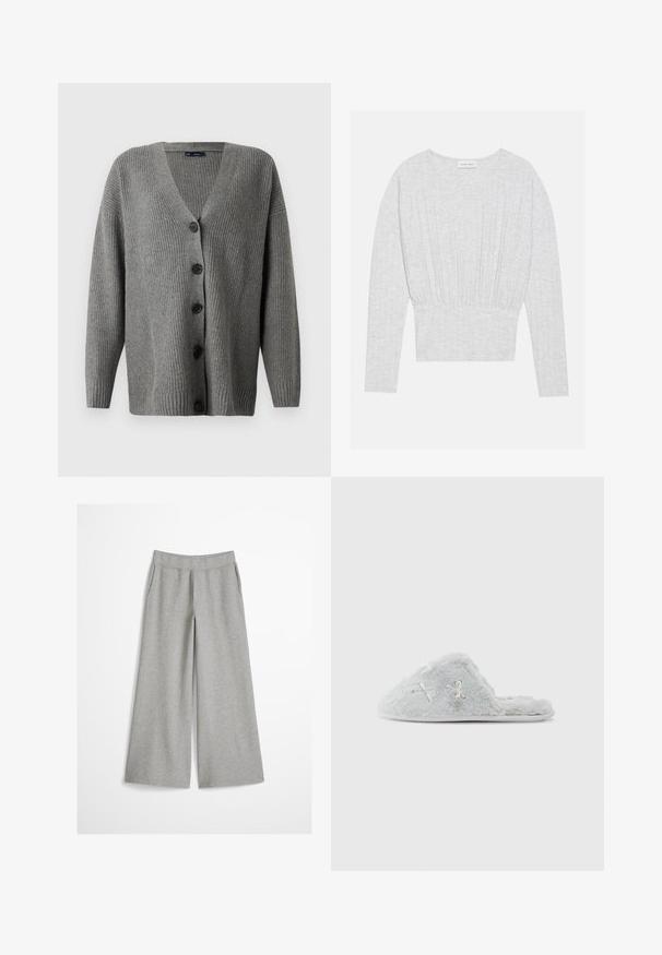 Cardigan gris côtelé avec un profond décolleté en V, comprenant cinq boutons noirs sur le devant et des manches longues à coupe décontractée.; T-shirt à manches longues gris clair en tissu doux, avec une taille cintrée et des détails froncés, et un col rond.; Pantalon gris clair à jambes larges avec ceinture élastique, en tissu tricoté doux, présenté sur un fond blanc uni.; Chaussons gris en peluche avec un dos ouvert, présentant des motifs brodés et une texture douce, idéals pour un usage intérieur.
