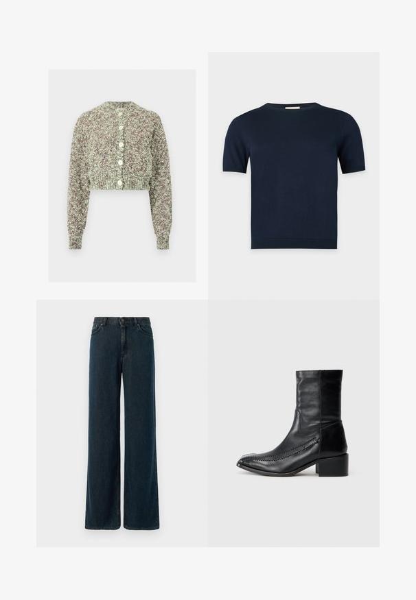 Kraftig strikket kort cardigan i en blanding af mintgrøn og brun garn, med lange ærmer og seks hvide knapper foran.; Marineblå kortærmet striktrøje med rund halsudskæring og ribstrikkede manchetter og kant på en ensfarvet lys baggrund.; Bredde ben mørkeblå denimjeans med høj talje, fem-lomme design og subtile stikninger. Stof har en glat tekstur.; Sort læder ankelstøvle med spidse tæer, dekorativ syning langs siden og en kraftig firkantet hæl. Glat tekstur, minimalistisk design.