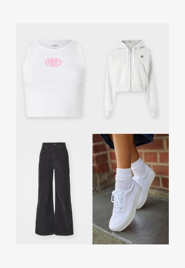 Sudadera corta gris hecha de una tela suave, que cuenta con una cremallera frontal, cordones blancos y un parche circular con el logo en el lado izquierdo del pecho.; Top corto blanco de canalé con un logo rosa de "OBEY" en el centro. Diseñado con un escote redondo y sin mangas.; Pantalones de pana anchos en negro con cintura alta, bolsillos delanteros y cierre de botón. La tela presenta una superficie suave y texturizada.; Zapatillas de lona blancas con suelas de goma, que presentan seis ojales, puntera redonda y detalles de costura ligera, combinadas con calcetines blancos hasta el tobillo.