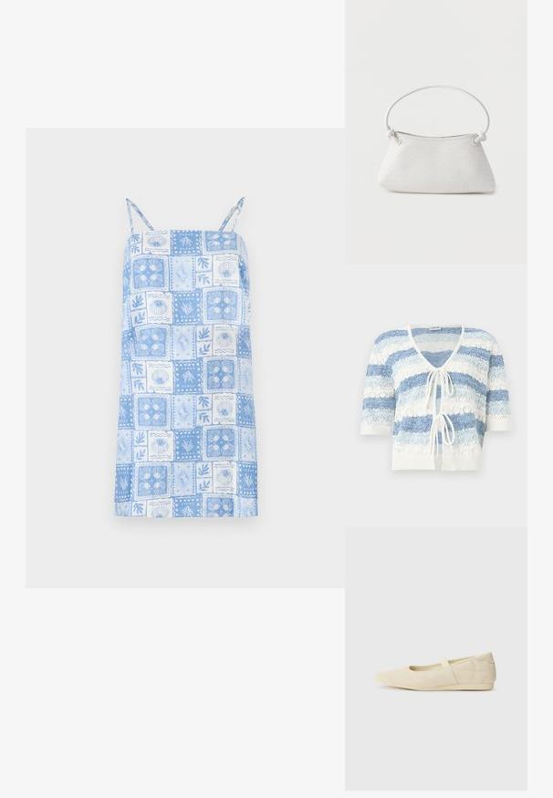 Cárdigan de punto de manga corta, abierto al frente, con rayas horizontales azules y blancas, y dos cierres de lazo en la parte frontal.; Vestido sin mangas de color azul claro con diseño de patchwork cuadrado, presenta patrones florales y de conchas, tirantes ajustables y dobladillo recto.; Bailarinas beige con un exterior de cuero liso, punta en forma de almendra y una correa elástica en el empeine, con detalles de costura sutiles.; Bolso de mano de cuero blanco tejido con asa redondeada y extremos de la correa anudados, exhibido sobre un fondo liso.