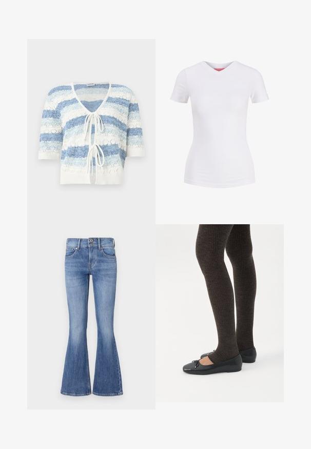 Cárdigan de punto de manga corta, abierto al frente, con rayas horizontales azules y blancas, y dos cierres de lazo en la parte frontal.; Camiseta blanca ajustada de manga corta con cuello en V, mostrada sobre un fondo liso, vista frontal.; Vaqueros de denim azul de corte acampanado con una cintura de media altura, cinco bolsillos y un lavado claro. Presentan un suave desvanecimiento y costuras en contraste.; Piernas con leggings oscuros acanalados combinados con bailarinas negras que presentan pequeños detalles de lazo sobre un fondo blanco.