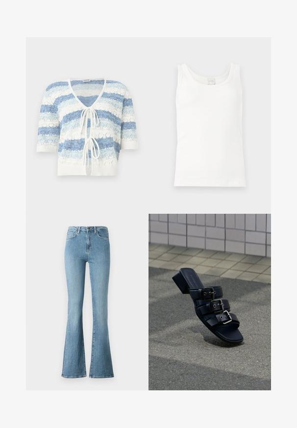 Kurzärmelige Strickjacke mit offenem Schnitt, blauen und weißen horizontalen Streifen und zwei vorderen Knotenverschlüssen.; Weißes, geripptes ärmelloses Tanktop mit Rundhalsausschnitt und Calvin Klein-Label am hinteren Kragen.; Hellblaue Jeans aus Denim mit hoher Taille und ausgestellt geschnittenen Beinen, ausgestattet mit frontalen Taschen und einem Knopfverschluss.; Schwarze Mule-Sandale mit offenem Zehenbereich, drei Schnallenriemen und niedrigem Blockabsatz, die auf einer Asphaltfläche nahe einem gepflasterten Gehweg steht.