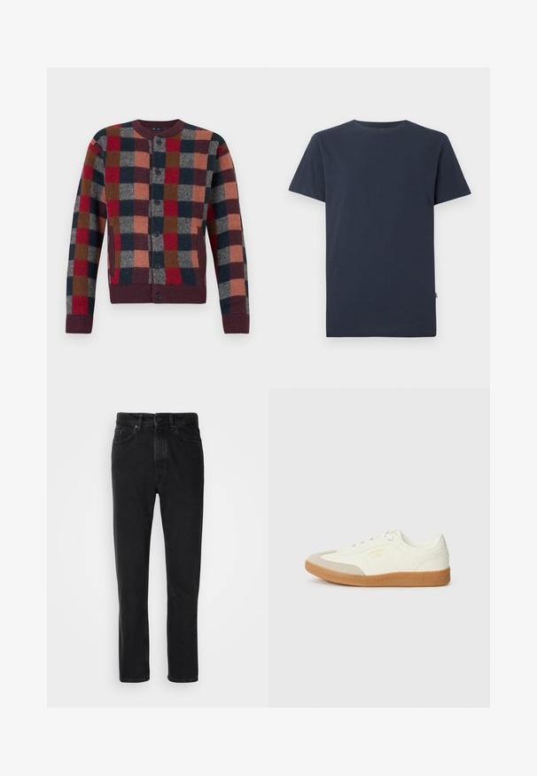 Gebreide vest met knopen, voorzien van een geruit patroon in meerdere kleuren: rood, marineblauw, bruin, grijs en perziktinten, met geribbelde manchetten en zoom.; Effen donker marineblauw T-shirt met korte mouwen en ronde hals, met een klein wit SELECTED-merklabel binnenin de kraag.; Zwarte denim jeans met een recht ontwerp, voorzien van een knoop- en ritsluiting, voorzakken en een subtiele textuur.; Schoen gemaakt van wit leer met een beige teenkap en een lichtbruine rubberen zool. Voorzien van platte witte veters en reliëfbranding aan de zijkant.