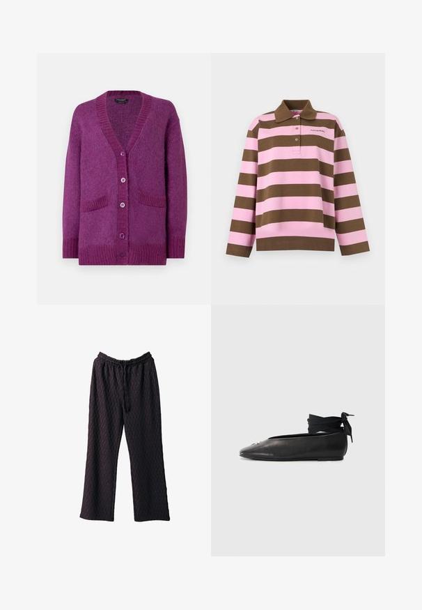 Cardigan violet en tissu maille texturé, avec col en V, poches avant et cinq boutons au centre.; Polo à manches longues avec des rayures horizontales roses et marron, trois boutons, et petit logo "marimekko" sur la poitrine.; Pantalons larges violets foncés en tissu texturé, dotés d'une taille élastique et d'une fermeture à cordon pour un ajustement réglable.; Ballerines en cuir noir avec un bout pointu, dotées d'un lien à la cheville en tissu tissé et d'un petit accent décoratif sur le bout.