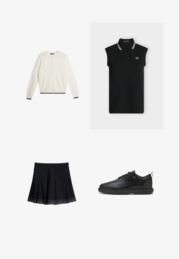 Cárdigan crema hecho de material suave, con cierre de botones en la parte delantera, mangas largas y un ribete negro en el dobladillo y los puños.; Polo negro sin mangas con dos botones negros, doble rayas blancas en el cuello y pequeño logo blanco de laurel en el pecho.; Falda negra plisada con dos franjas grises horizontales cerca del dobladillo, con una cinturilla suave y detalles laterales sutiles.; Zapato de cuero negro con un acabado suave, panel lateral texturizado, diseño de cordones y cuello acolchado. Presenta un logo sutil y acentos con patrón.