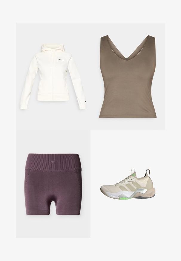 Sweat à capuche blanc zippé, fabriqué dans un tissu doux. Présente un logo noir sur la poitrine et au niveau du poignet, avec une base et des poignets côtelés.; Top brun sans manches avec un décolleté en V profond, fabriqué dans un tissu lisse. Présente une silhouette ajustée et des coutures propres et minimales.; Shorts de cycliste violets à taille haute, côtelés et sans coutures, avec un petit logo embossé au centre de la ceinture, sur fond blanc.; Baskets de sport beiges avec tige en mesh, trois rayures blanches, accents verts et semelle texturée. Comprend une languette au talon et un amorti léger.