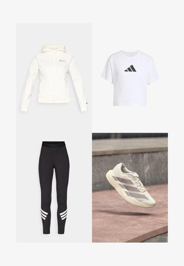 Sweat à capuche blanc zippé, fabriqué dans un tissu doux. Présente un logo noir sur la poitrine et au niveau du poignet, avec une base et des poignets côtelés.; T-shirt blanche cropped en coton avec un logo noir à trois bandes sur le devant, présentant des manches courtes et un col rond.; Leggings noirs en tissu extensible, dotés d'une large taille élastique et de trois rayures blanches horizontales près des bas des jambes.; Chaussure de course couleur crème avec des rayures taupe flottant au-dessus d'une surface carrelée rouge-brun et d'un fond en pierre grise.