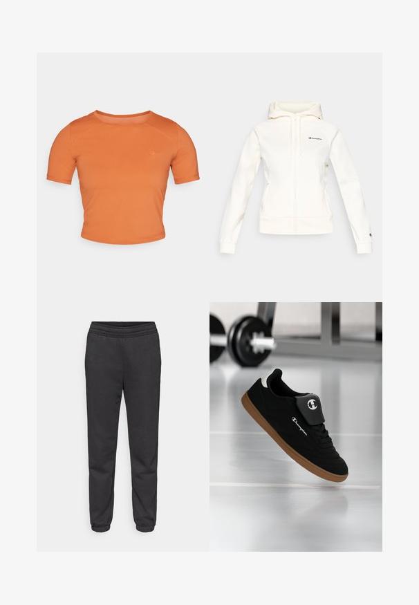 Witte hoodie met ritssluiting en capuchon, gemaakt van een zachte stof. Voorzien van een zwart logo op de borst en bij de manchet, met geribbelde zoom en manchetten.; Korte mouwen, crop oranje T-shirt van gladde stof. Heeft een ronde hals en een klein logo op de linker voorkant.; Donkergrijze joggingbroek met een tailleband met trekkoord, taps toelopende pijpen en elastische boorden. Gemaakt van een zachte, gestructureerde stof.; Zwartbruine Champion-sneaker zwevend in de lucht in een sportschoolomgeving met een wazige halter op de achtergrond.