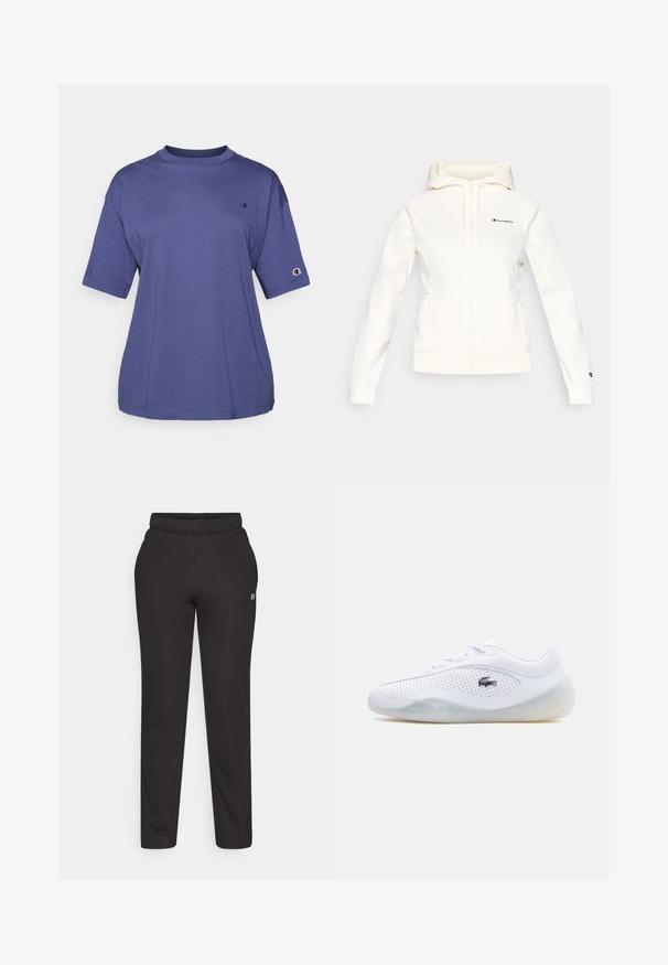 Hvid hættetrøje med lynlås og hætte, lavet af blødt stof. Har sort logo på brystet og ved manchetterne, med ribstrikket kant og manchetter.; Lilla bomulds T-shirt med rund hals og korte ærmer, med et lille logo på brystet og et logo patch på ærmet.; Sorte sweatpants lavet af blødt stof, med elastisk talje, lige ben og et lille logo på siden.; Hvid sneaker med lavt skaft, perforerede sider, gennemsigtig sål, snørebånd og en sort Lacoste krokodillelogo på ydersiden.