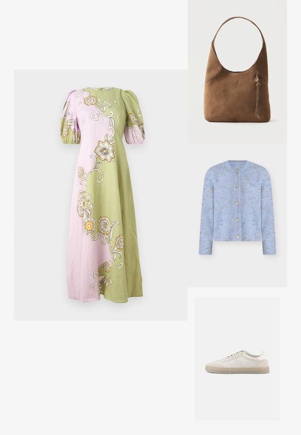 Cardigan tricoté bleu clair avec un col rond, cinq boutons et un motif texturé avec des taches multicolores. Poignets et ourlet côtelés.; Robe longue verte et rose avec des manches bouffantes, présentant un grand motif floral en tourbillon de couleur jaune, blanc et noir.; Baskets en daim beige à profil bas, avec une tige texturée, des surpiqûres ton sur ton et une semelle en caoutchouc claire. Des lacets complètent le design.; Sac à épaule en daim marron avec une bandoulière unique, un haut incurvé et un petit pompon avec un charme doré sur le côté, sur un fond uni.