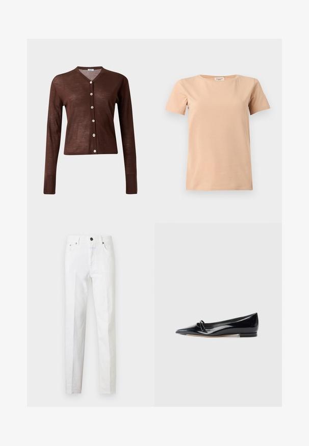 Cardigan marron à manches longues boutonné, col en V avec six boutons de couleur claire, présenté sur un fond clair uni.; T-shirt beige manches courtes avec col rond et ourlet droit sur un fond uni gris clair.; Jean slim blanc avec cinq poches, fermeture par bouton métallique et passants de ceinture, présenté à plat sur fond blanc.; Chaussure plate en cuir verni noir avec un bout pointu, une petite lanière décorative et un petit talon carré. Texture lisse et design épuré.