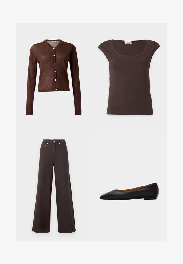 Cardigan marron à manches longues boutonné, col en V avec six boutons de couleur claire, présenté sur un fond clair uni.; Top côtelé marron foncé à manches courtes et encolure arrondie avec une petite étiquette en tissu au niveau du col sur fond blanc.; Jean noir taille haute à jambes larges avec cinq poches et fermeture par boutons, présenté sur un fond gris clair uni.; Chaussure plate en cuir noir à bout pointu avec talon bas et finition lisse, vue de côté sur un fond gris clair.