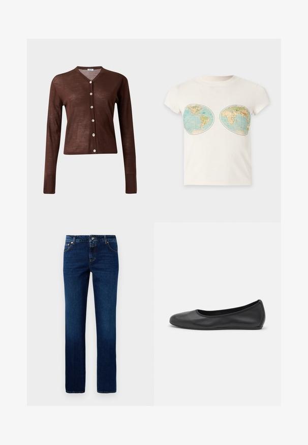 Bruine cardigan met lange mouwen, knopen en V-hals met zes lichtgekleurde knopen, afgebeeld tegen een effen lichte achtergrond.; Witte T-shirt met korte mouwen met twee vintage wereldkaart prints op het borstgedeelte.; Donkerblauwe denim jeans met een rechte pijpontwerp, voorzien van een klassieke tailleband, vijf zakken en subtiele stiksels op de naden.; Zwarte leren ballerina met een ronde neus, gladde textuur, minimale stikdetails en een flexibele zoolontwerp.