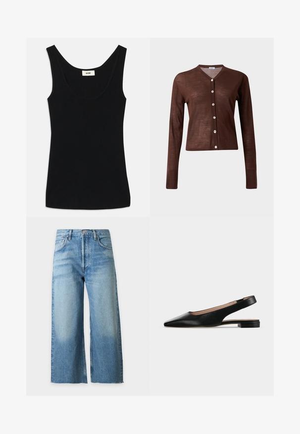 Brauner langärmeliger Knopf-Cardigan mit V-Ausschnitt und sechs hellen Knöpfen, vor hellem einfarbigem Hintergrund dargestellt.; Schwarzes Tanktop aus weichem Stoff mit Rundhalsausschnitt und breiten Schulterträgern. Es hat eine taillierte Form und ein sauberes, nahtloses Design.; Blaue Denim-Weitbein-Jeans mit hoher Taille, Knopf- und Reißverschluss sowie Taschen vorne und hinten, auf neutralem Hintergrund gezeigt.; Schwarzer Lederslingback-Flachschuh mit spitzer Zehenpartie und niedrigem quadratischem Absatz auf weißem Hintergrund.