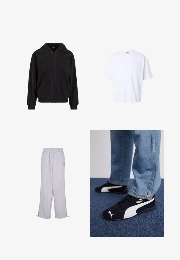 Sudadera con cremallera negra y un patrón texturizado, que cuenta con capucha, dos bolsillos frontales y puños y dobladillo acanalados. Fabricada con un tejido suave.; Camiseta blanca lisa de algodón, de manga corta, con cuello redondo, corte holgado y etiqueta de la marca Urban Classic dentro del cuello.; Karl Kani Pantalones deportivos - grey; Zapatillas de ante negras con acentos blancos, que presentan un logo dorado. Combinadas con unos jeans de mezclilla azul claro y colocadas sobre una superficie texturizada azul.