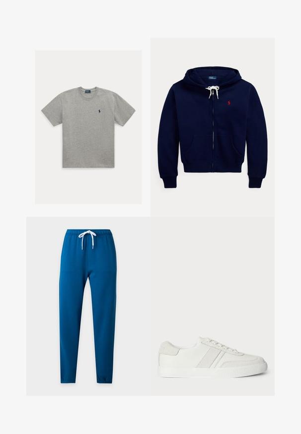 Dunkelblauer Hoodie mit Reißverschluss, weißem Kordelzug, Kängurutaschen, gerippten Bündchen und rotem besticktem Logo auf der linken Brust.; Hellgraues T-Shirt mit kurzen Ärmeln und Rundhalsausschnitt mit kleinem dunkelblau besticktem Polospieler-Logo auf der linken Brust.; Blaue Jogginghose mit elastischem Bund und weißem Kordelzug, verjüngten Beinen und elastischen Bündchen vor hellem Hintergrund.; Weiße Sneaker mit einem Obermaterial aus glattem Leder, Wildlederakzenten und flachen Schnürsenkeln. Verfügt über eine strukturierte Gummisohle und ein minimalistisches Design.