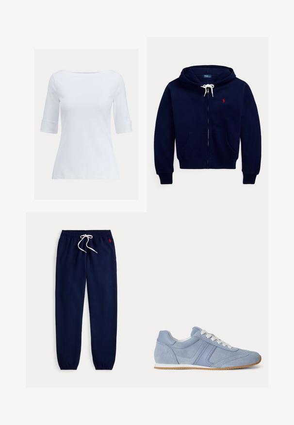 Sudadera con capucha azul marino con cremallera, cordón blanco, bolsillos canguro, puños acanalados y logo bordado en rojo en el pecho izquierdo.; Camisa blanca ajustada de manga corta con escote de barco y puños doblados sobre un fondo liso.; Pantalones deportivos azul marino con cintura y puños elásticos, cordón blanco y un pequeño logo rojo en la parte superior izquierda.; Zapatilla de ante azul claro con cordones blancos y suela de goma mostrada de lado sobre un fondo blanco.