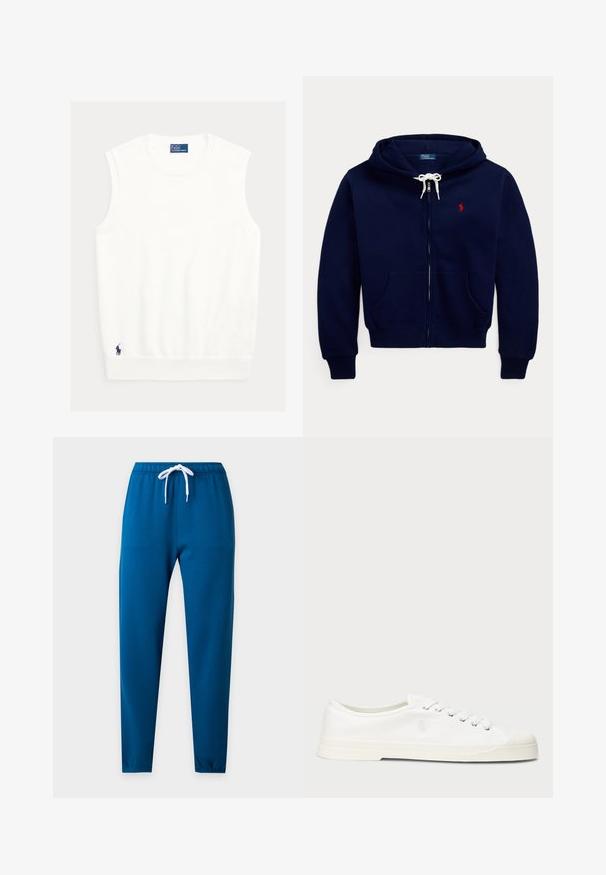 Dunkelblauer Hoodie mit Reißverschluss, weißem Kordelzug, Kängurutaschen, gerippten Bündchen und rotem besticktem Logo auf der linken Brust.; Weißes ärmelloses Oberteil aus weichem Stoff, mit gerippter Halslinie und Saum. Kleines dunkelblaues Logo unten links eingestickt.; Blaue Jogginghose mit elastischem Bund und weißem Kordelzug, verjüngten Beinen und elastischen Bündchen vor hellem Hintergrund.; Weiße Leinensneaker mit runder Zehenpartie, Schnürverschluss und dezentem Logodetail. Verfügt über ein strukturiertes Gewebe und eine Gummisohle.