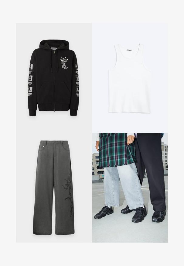 Schwarzer Kapuzenpullover mit Reißverschluss, Vordertaschen, einem kleinen weißen Cartoon-Skateboarder auf der Brust und wiederholten "Carhartt WIP"-Skateboarder-Logos auf den Ärmeln.; Weißes ärmelloses Tanktop mit rundem Ausschnitt und Weekday-Markenetikett auf der Innenseite des hinteren Kragens, flach auf hellem Hintergrund dargestellt.; Weite, anthrazitfarbene Hose mit Nadelstreifen aus dunkelgrauem Stoff, ausgestattet mit Vordertaschen und einem schwarzen Dekordruck auf der linken Seite.; Schwarze Sportschuhe mit Mesh- und Gummielementen. Kombiniert mit hellgrauen weiten Jeans und einem karierten grünen Oberteil. Flacher Hintergrund.