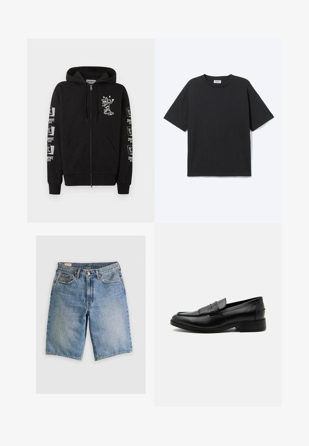Sort hættejakke med lynlås og lommer foran, et lille hvidt tegneserie-skateboarderprint på brystet og gentagne "Carhartt WIP" skateboarderlogoer på ærmerne.; Sort T-shirt med korte ærmer og rund hals med afslappet pasform, forfra, ensfarvet design og synligt Weekday-mærke inde i kraven.; Lyseblå denimshorts med klassisk snit. Har fem lommer, orange stikninger og rå skærmkanter.; Sort læder herre loafers med kvast detalje, rundet tå, lav hæl og glat poleret finish, vist fra siden på hvid baggrund.