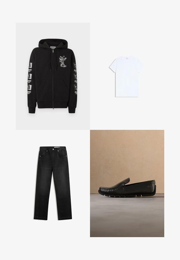 Schwarzer Kapuzenpullover mit Reißverschluss, Vordertaschen, einem kleinen weißen Cartoon-Skateboarder auf der Brust und wiederholten "Carhartt WIP"-Skateboarder-Logos auf den Ärmeln.; Schlichtes weißes Kurzarm-T-Shirt mit Rundhalsausschnitt, flach auf einem weißen Hintergrund liegend.; Schwarze Denim-Jeans mit geradem Bein, fünf Tasche-Design, kontrastierenden Beschlägen und rohem Saumdetail am unteren Ende.; Schwarzer Leder-Slipper mit strukturierter Sohle, schwebend über beigem Teppich und passender Polstermöbel in sanfter Beleuchtung.