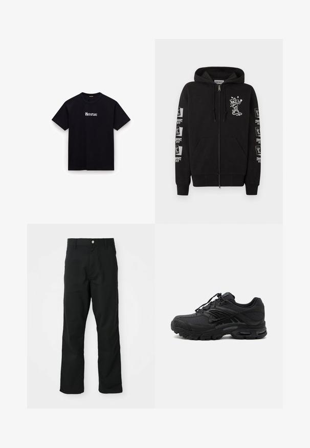 Zwarte hoodie met ritssluiting, voorzakken, een kleine witte cartoon van een skateboarder op de borst en herhaalde "Carhartt WIP" skateboarderlogo's op de mouwen.; Zwarte katoenen T-shirt met een ronde hals, korte mouwen en een wit gestileerd tekstlogo op de borst. Soepele textuur, casual pasvorm.; Zwarte rechttoe rechtaan broek met knoop- en ritssluiting, riemlussen en zijzakken, weergegeven tegen een witte achtergrond.; Zwarte atletische sneaker met textuurstof, dikke gevoerde zool, luchtopeningen en vetersluiting, vanaf de zijkant weergegeven tegen een lichte achtergrond.