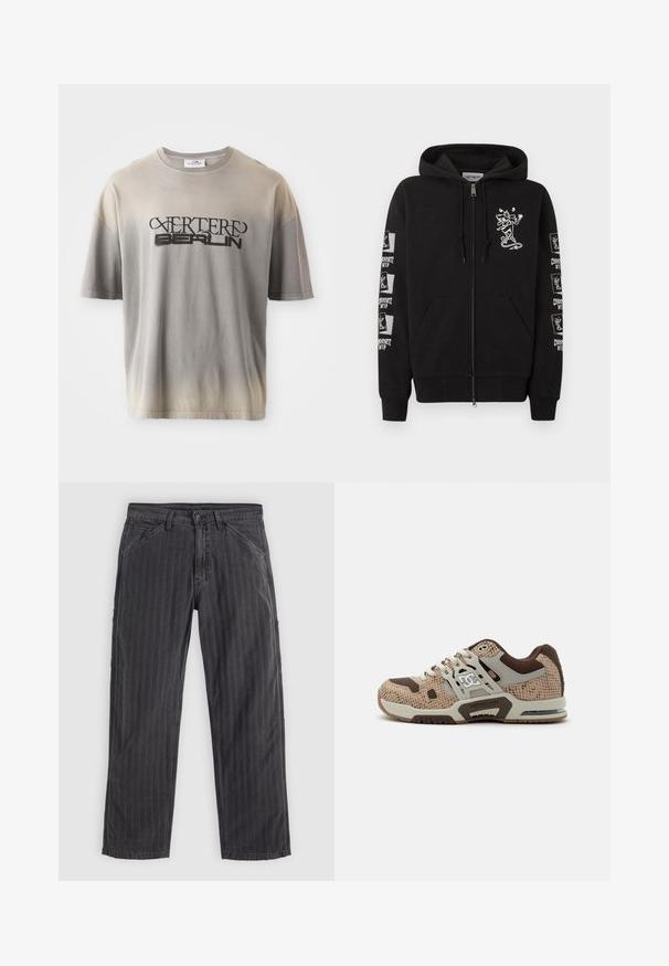 Zwarte hoodie met ritssluiting, voorzakken, een kleine witte cartoon van een skateboarder op de borst en herhaalde "Carhartt WIP" skateboarderlogo's op de mouwen.; Grijze gradient t-shirt met korte mouwen, voorzien van een zwarte print van "VERTERE BERLIN" in een gestileerd lettertype, zachte structuur en een relaxte pasvorm.; Zwart gestreepte broek van een katoenmix. Heeft een recht model, zijzakken en een knoopsluiting.; Beige en bruine sportieve sneaker met gestructureerd patroon, witte veters, dikke zool en DC-logo op de zijkant en tussenzool.