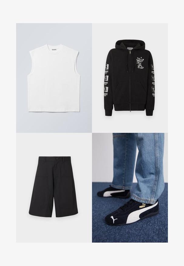 Sweat à capuche noir zippé avec poches avant, petit dessin de skateboarder cartoon blanc sur la poitrine, et logos "Carhartt WIP" skateboarder répétés sur les manches.; Haut blanc sans manches en coton à col rond avec épaules structurées, marqué "WEEKDAY" sur l'étiquette du col, présenté sur un fond gris clair.; Shorts cargo noirs en tissu léger, dotés d'une fermeture à bouton et de deux poches avant, avec un design épuré à coupe droite.; Baskets en daim noir avec accents blancs, arborant un logo doré. Portées avec un jean en denim bleu clair et posées sur une surface bleue texturée.
