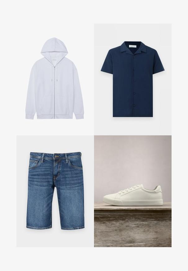 Witte zip-up hoodie gemaakt van zachte stof, met een trekkoordkap, voorzakken en ribgebreide manchetten. Eenvoudig en schoon ontwerp.; Marineblauw kortermig overhemd met campkraag en vijf knopen aan de voorkant, weergegeven op een effen witte achtergrond.; Donkerblauwe denim bermuda shorts met een rechte snit, vijf-pocket ontwerp en contrasterende stiksels. Knopen- en ritsluiting in de taille.; Witte vetersneaker die boven een houten bank zweeft met groene bladeren op de achtergrond, waarbij het ontwerp en de textuur van de schoen worden getoond.