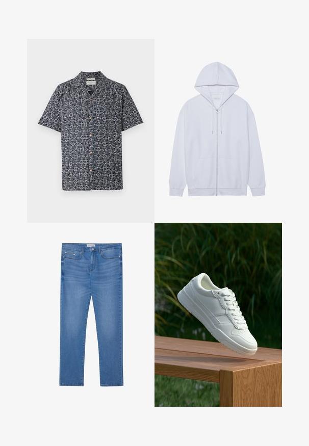 Hvid zip-up hoodie lavet af blødt stof, med snor i hætten, frontlommer og ribbede ærmer. Enkel og ren design.; Kortærmet skjorte i marineblå med et hvidt abstrakt mønster, featuring knaplukning foran og krave. Blødt stof med en afslappet pasform.; Lyseblå denimjeans med lige ben, femlommes design, subtil falming og metalbeslag ved taljen og lommerne.; Hvide lædersneakers med en glat overflade, prydet med perforeret design, klassisk snørering og gummisål, placeret over en træoverflade.