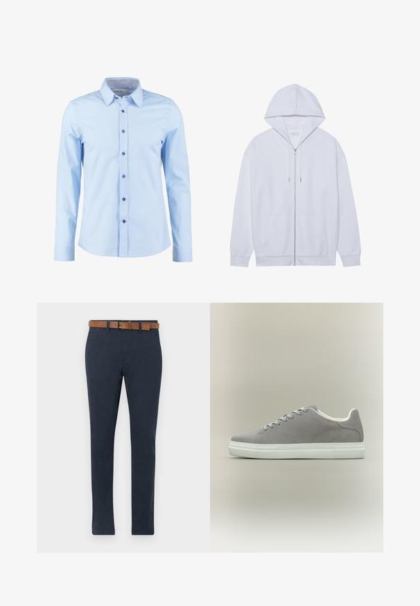 Haut à capuche zippé blanc en tissu doux, doté d'une capuche avec cordon de serrage, de poches avant et de manches à poignets côtelés. Design simple et épuré.; Chemise habillée bleu clair à manches longues avec des boutons foncés et un col intérieur à carreaux, boutonnée devant.; Chinos bleu foncé en coton avec une texture lisse. Présentent une ceinture en suède marron avec une boucle et un design à jambe droite.; Baskets en daim gris avec semelle en caoutchouc blanche et lacets, présentant un design bas et une texture lisse. Style minimaliste sans logos visibles.